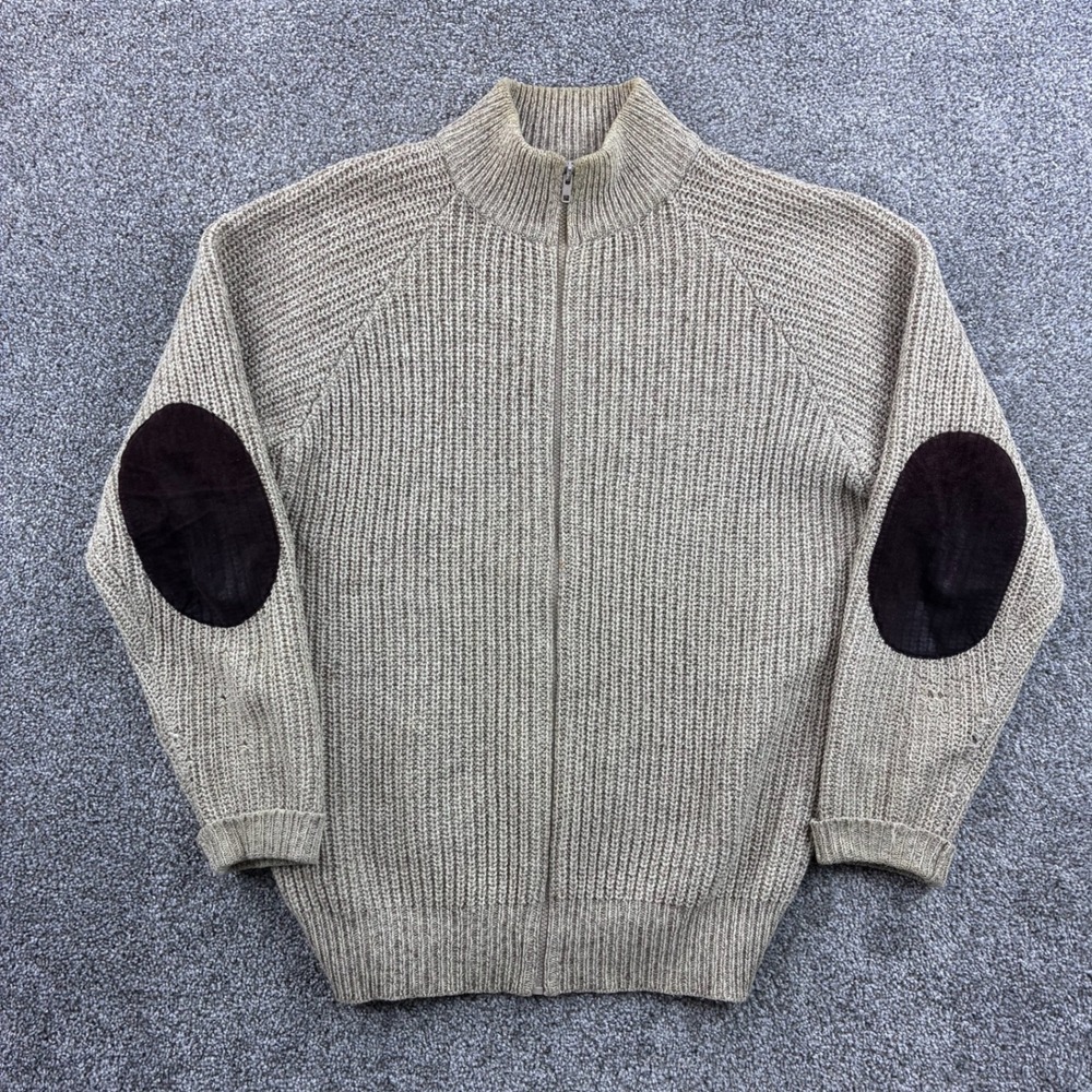 Vintage Orvis Sweater Mens Large Beige Wool Blend Full Zip Elbow Patch 80s